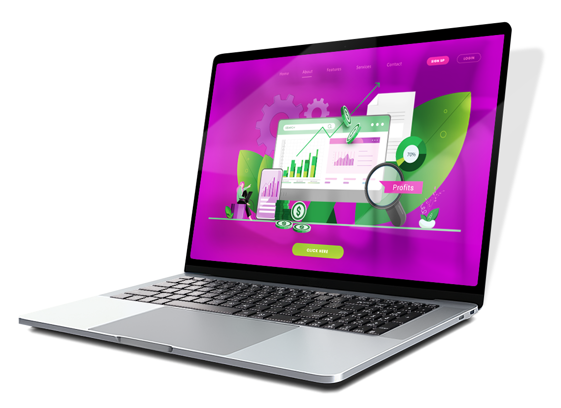 Laptop with green and purple graphics
